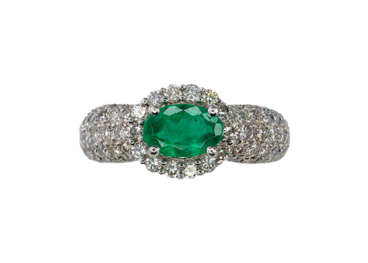 Platinum Oval Emerald and Multi-Row Pavé Diamond Halo Ring
