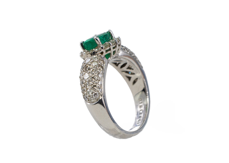 Platinum Oval Emerald and Multi-Row Pavé Diamond Halo Ring