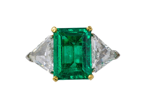 Platinum & Yellow Gold Emerald-Cut Emerald Trillion Cut Diamond Three-Stone Ring