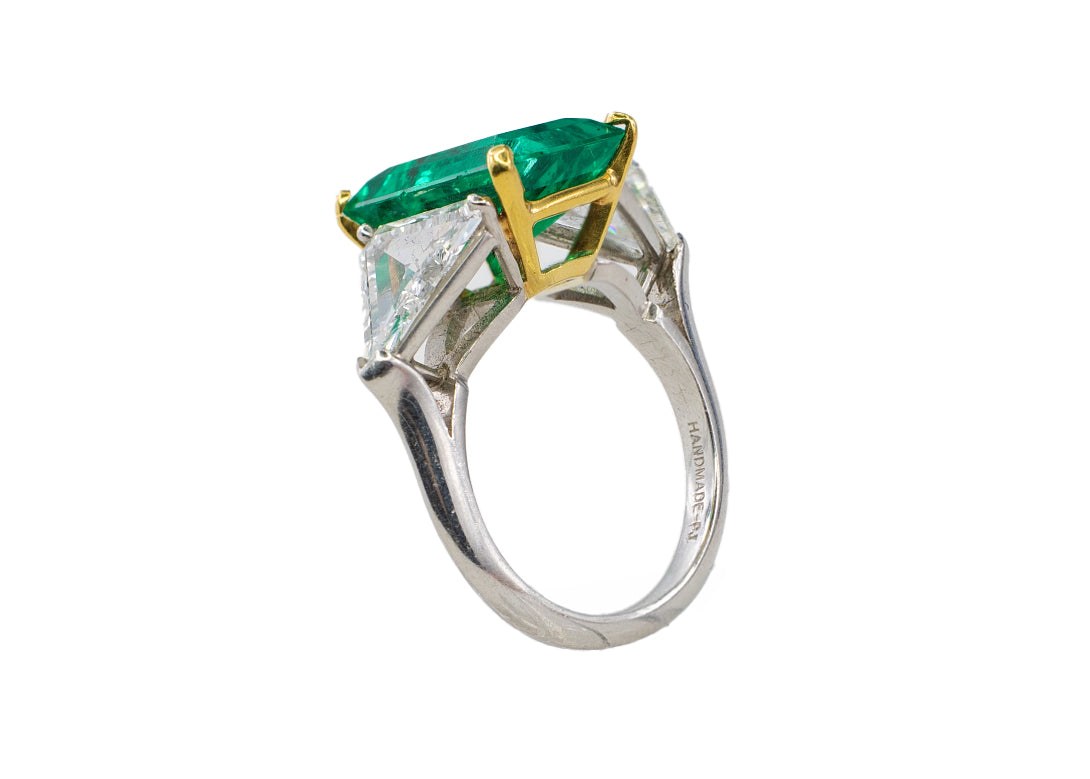 Platinum & Yellow Gold Emerald-Cut Emerald Trillion Cut Diamond Three-Stone Ring