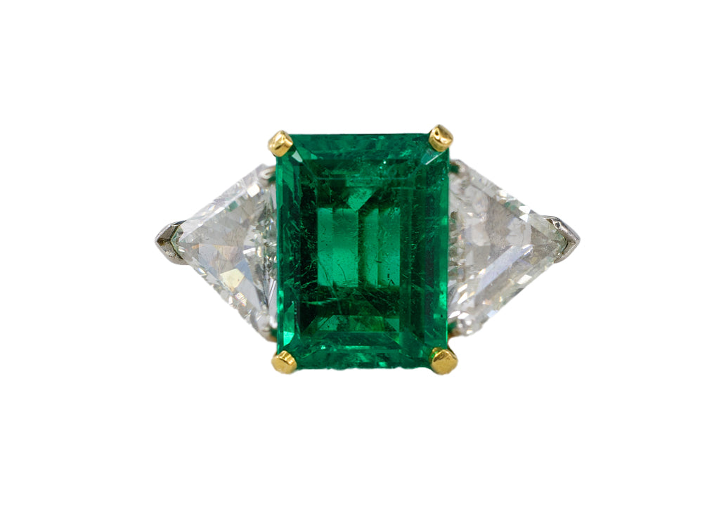 Platinum & Yellow Gold Emerald-Cut Emerald Trillion Cut Diamond Three-Stone Ring