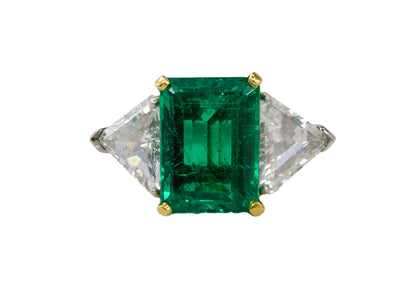 Platinum & Yellow Gold Emerald-Cut Emerald Trillion Cut Diamond Three-Stone Ring