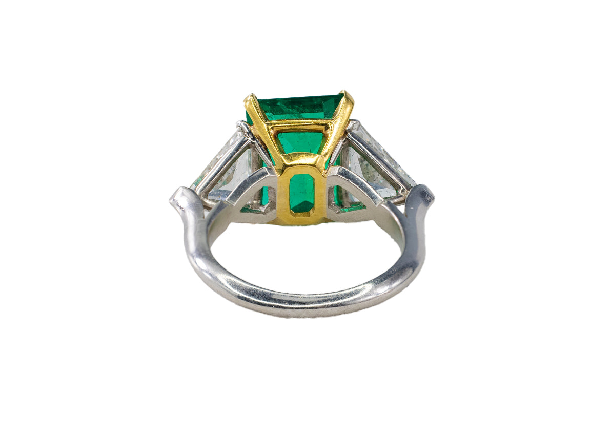 Platinum & Yellow Gold Emerald-Cut Emerald Trillion Cut Diamond Three-Stone Ring