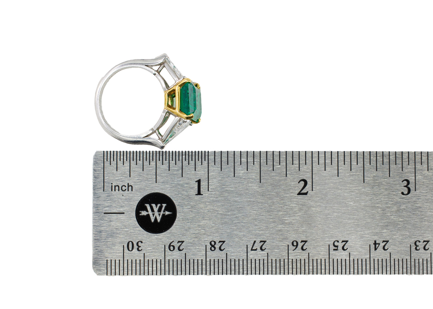 Platinum & Yellow Gold Emerald-Cut Emerald Trillion Cut Diamond Three-Stone Ring