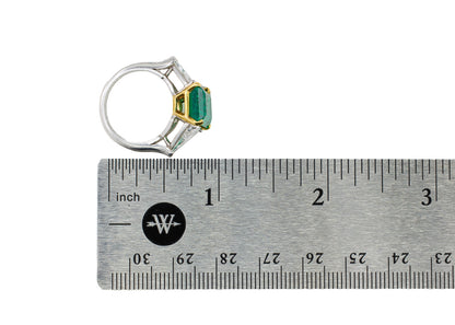 Platinum & Yellow Gold Emerald-Cut Emerald Trillion Cut Diamond Three-Stone Ring