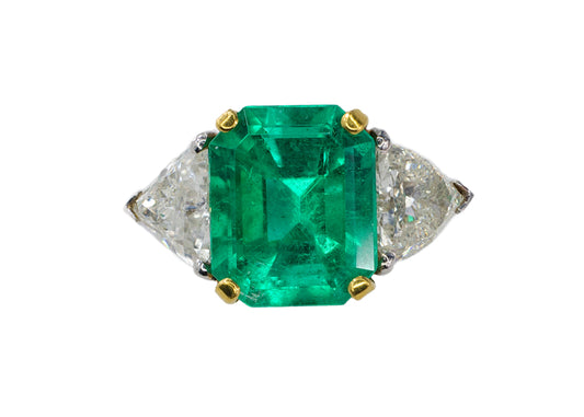 Yellow Gold & Platinum Emerald-Cut Emerald and Trillion Cut Diamond Three-Stone Ring
