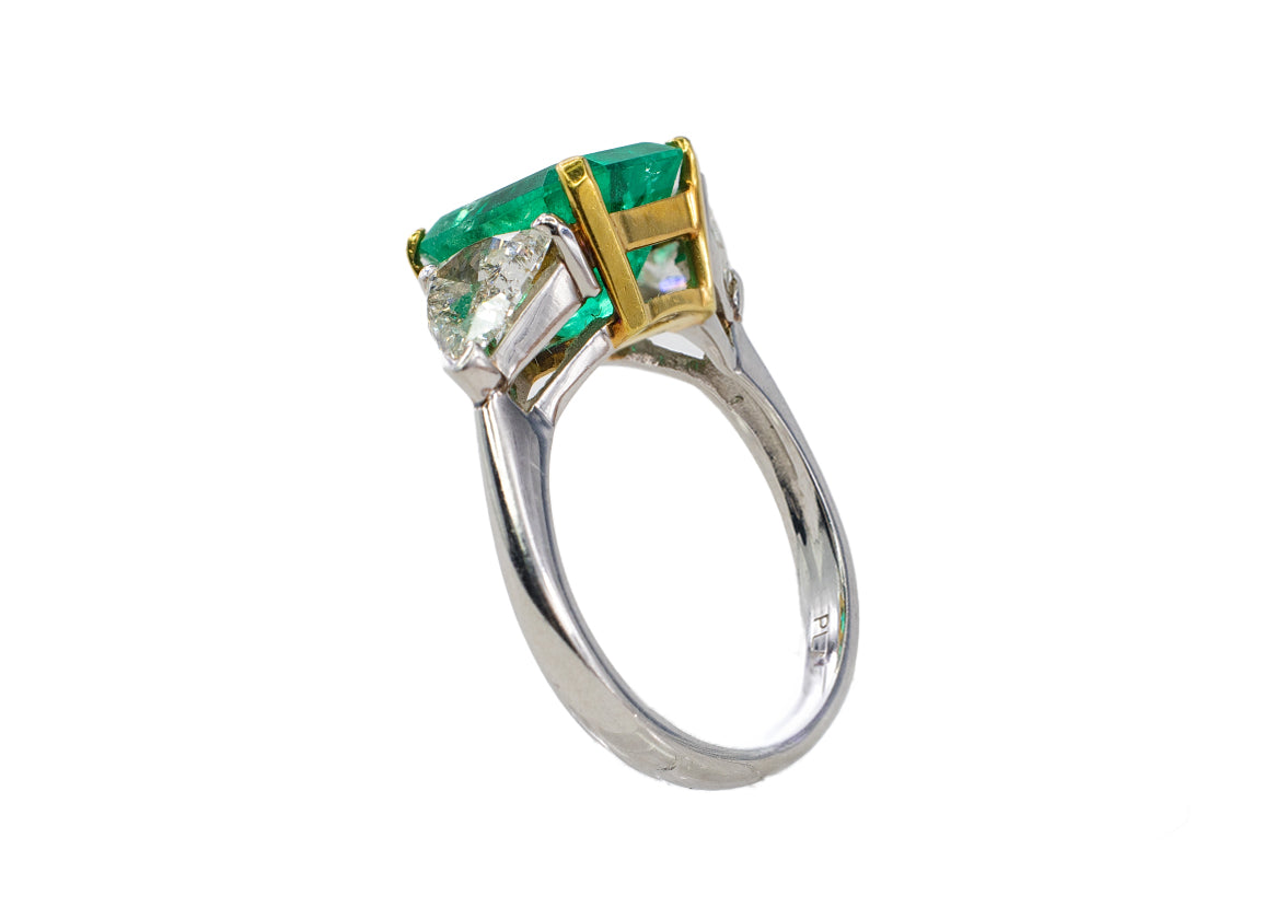 Yellow Gold &Platinum Emerald-Cut Emerald and Trillion Cut Diamond Three-Stone Ring