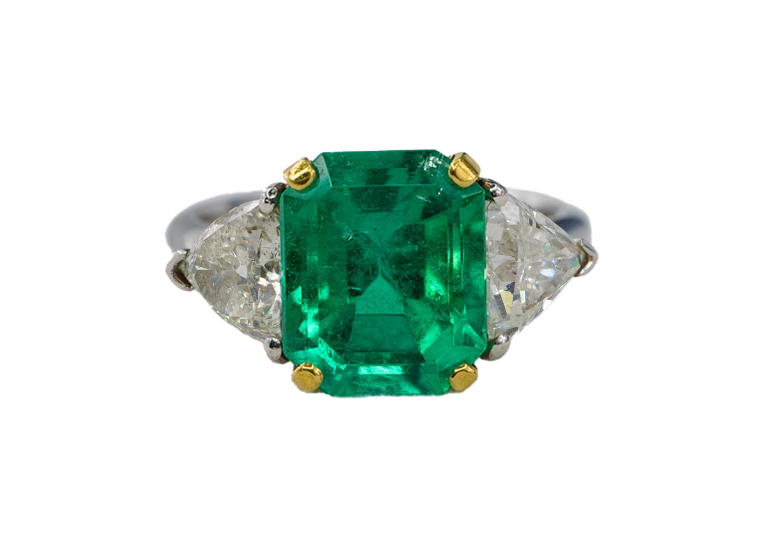 Yellow Gold &Platinum Emerald-Cut Emerald and Trillion Cut Diamond Three-Stone Ring