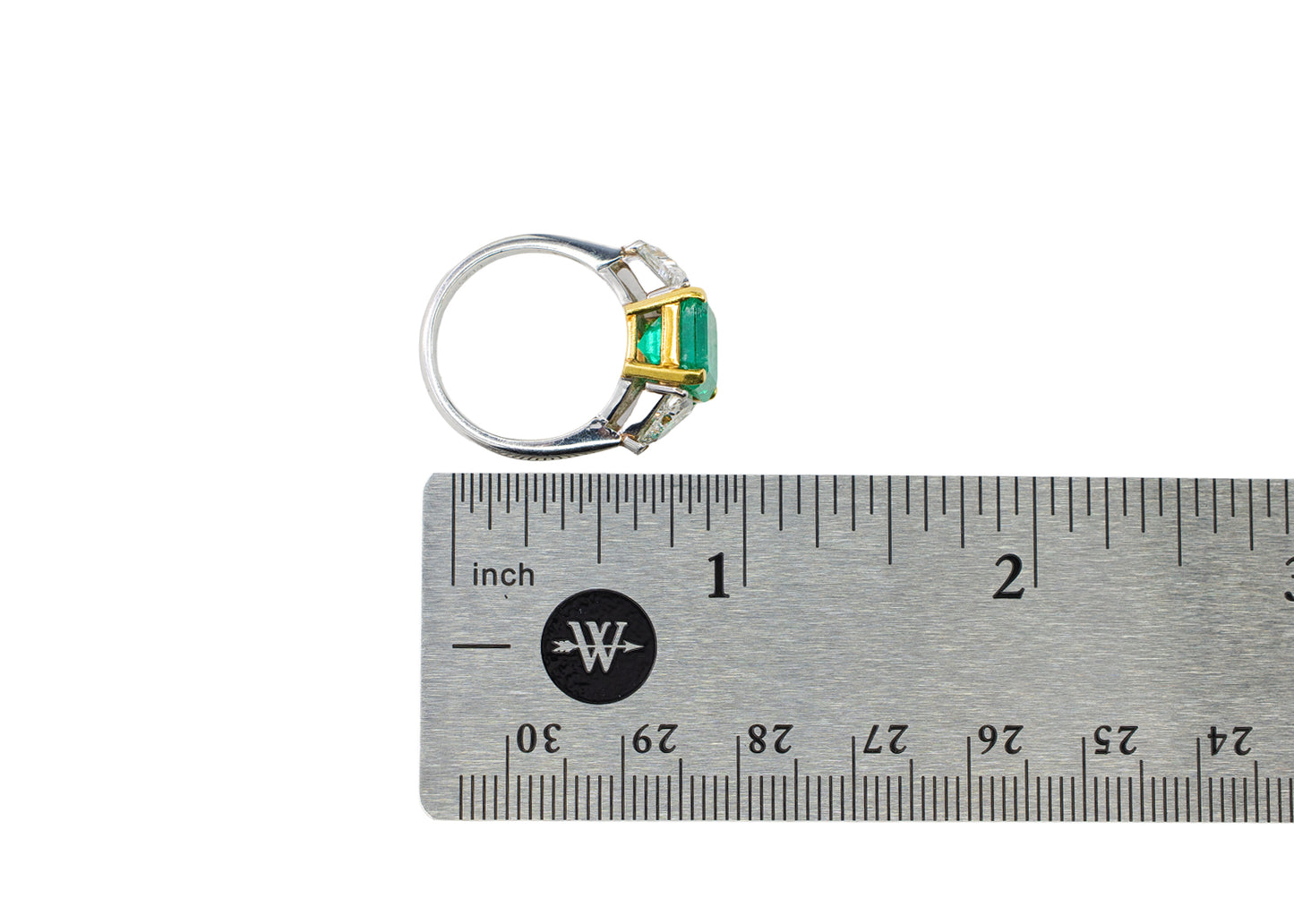 Yellow Gold &Platinum Emerald-Cut Emerald and Trillion Cut Diamond Three-Stone Ring