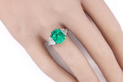 Yellow Gold &Platinum Emerald-Cut Emerald and Trillion Cut Diamond Three-Stone Ring