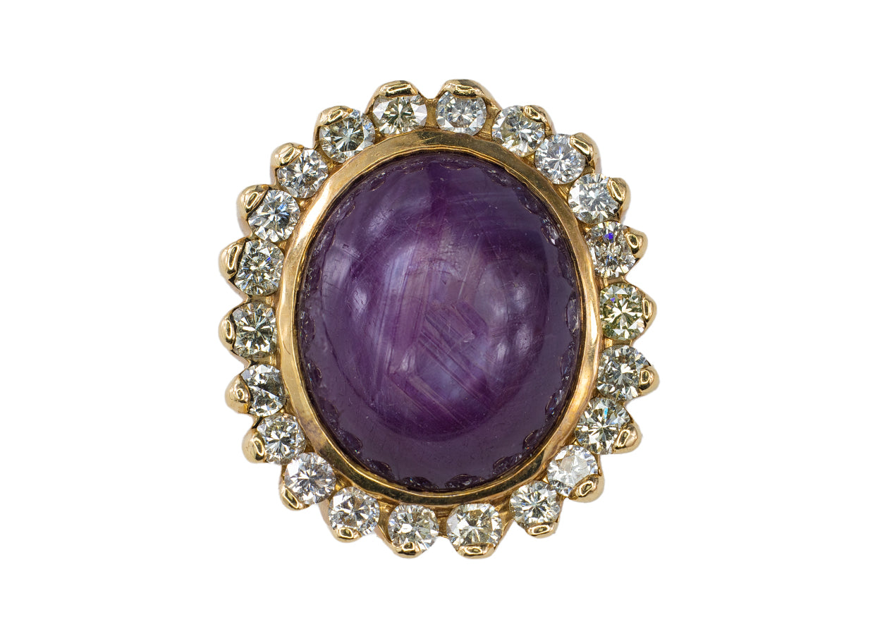 Yellow Gold Oval Star Sapphire Cabochon and Scalloped Diamond Halo Ring