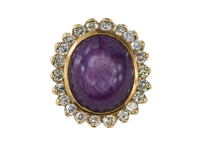 Yellow Gold Oval Star Sapphire Cabochon and Scalloped Diamond Halo Ring