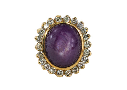 Yellow Gold Oval Star Sapphire Cabochon and Scalloped Diamond Halo Ring