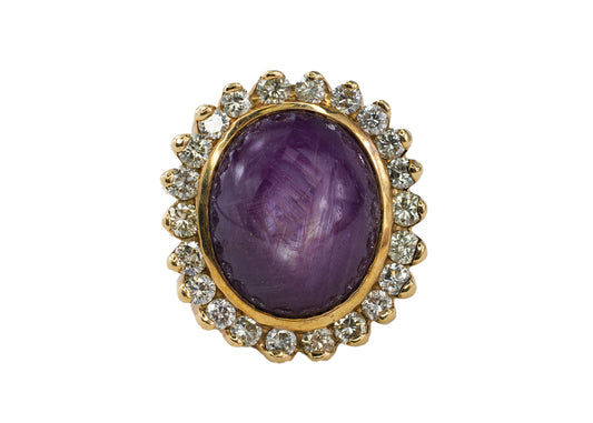 Yellow Gold Oval Star Sapphire Cabochon and Scalloped Diamond Halo Ring