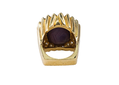 Yellow Gold Oval Star Sapphire Cabochon and Scalloped Diamond Halo Ring