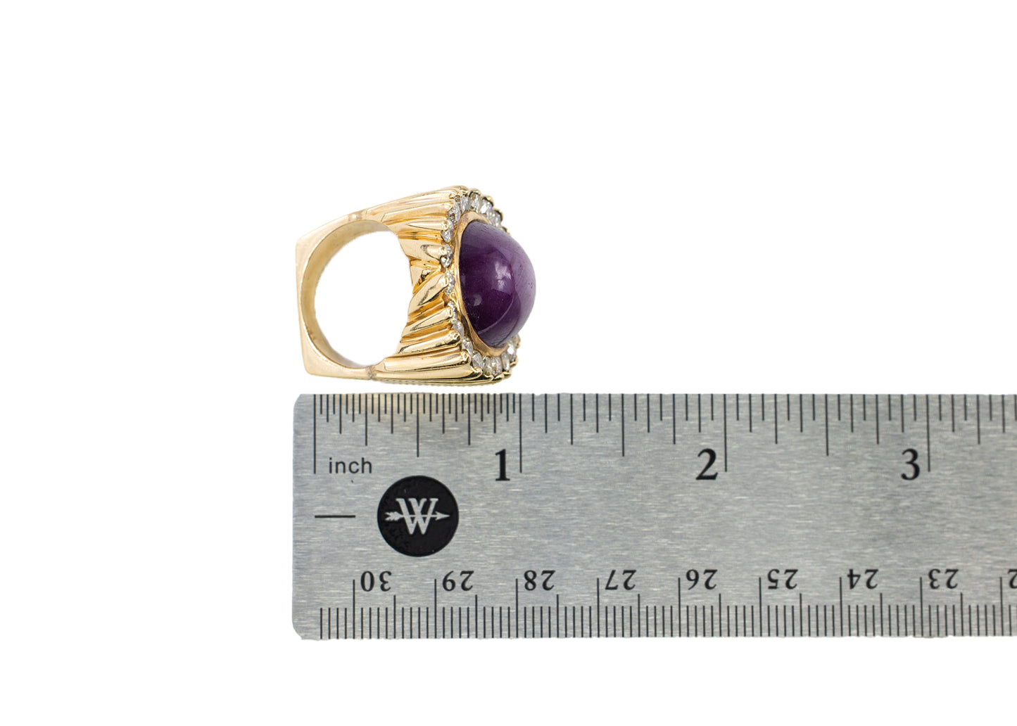 Yellow Gold Oval Star Sapphire Cabochon and Scalloped Diamond Halo Ring