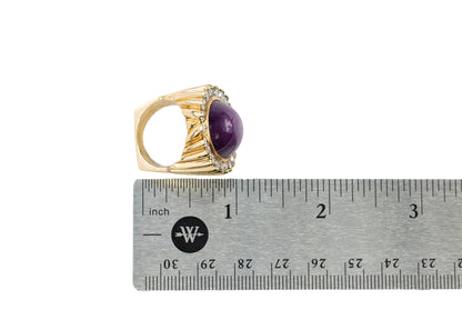 Yellow Gold Oval Star Sapphire Cabochon and Scalloped Diamond Halo Ring