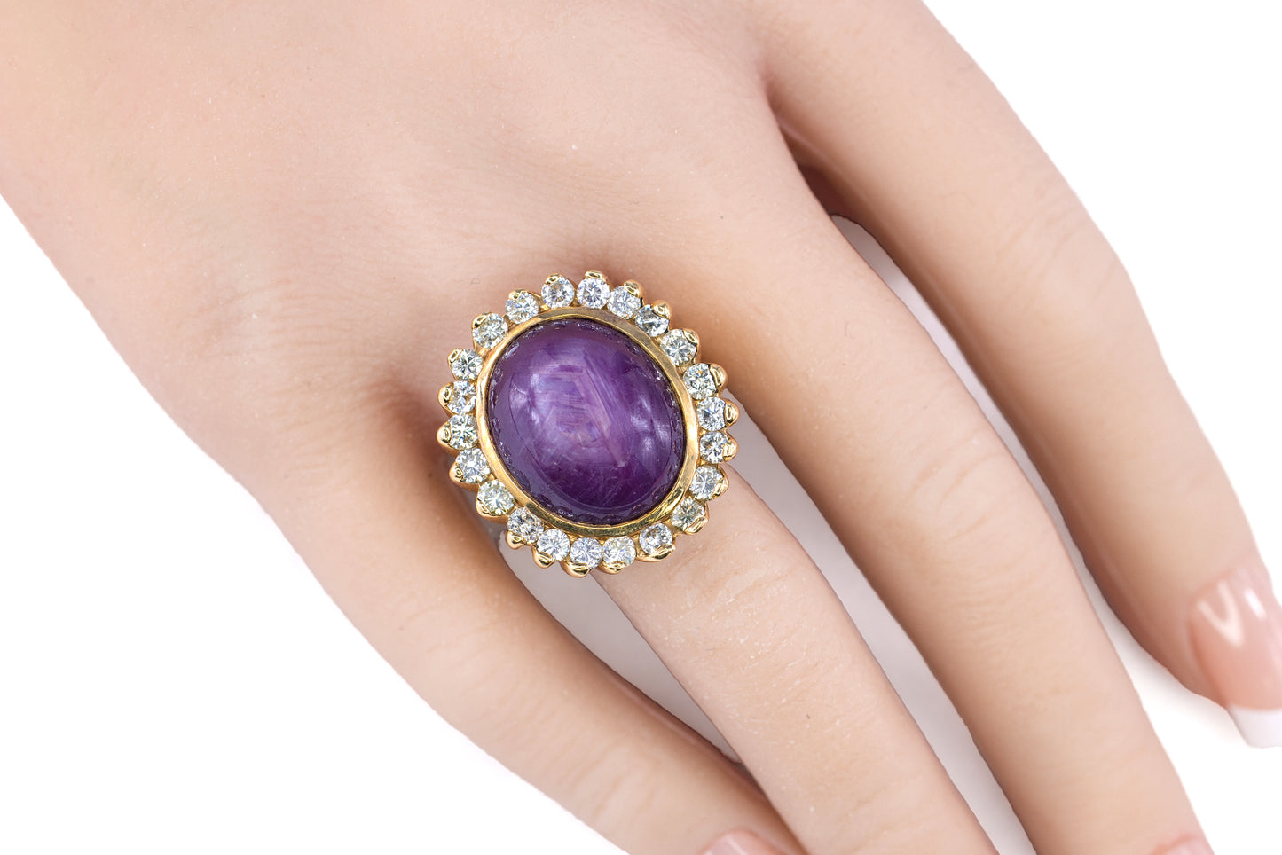 Yellow Gold Oval Star Sapphire Cabochon and Scalloped Diamond Halo Ring