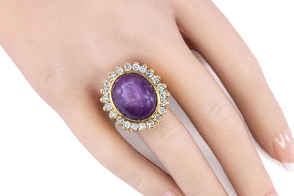 Yellow Gold Oval Star Sapphire Cabochon and Scalloped Diamond Halo Ring