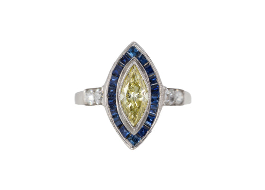 Marquise Yellow Diamond with Sapphire Halo and Diamond Shoulders