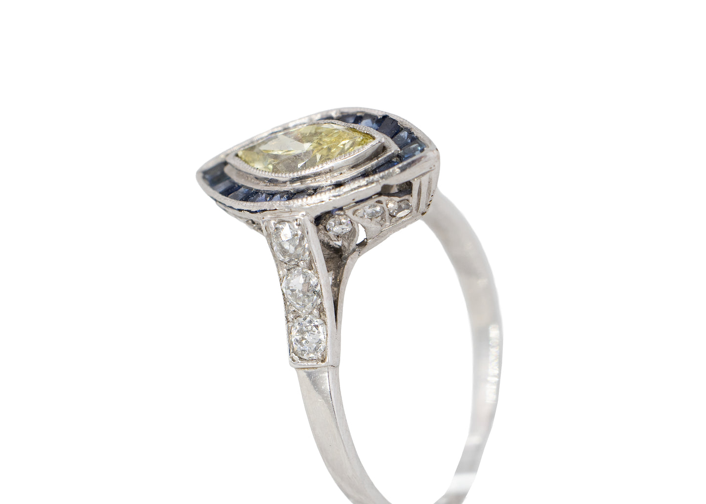 Marquise Yellow Diamond with Sapphire Halo and Diamond Shoulders