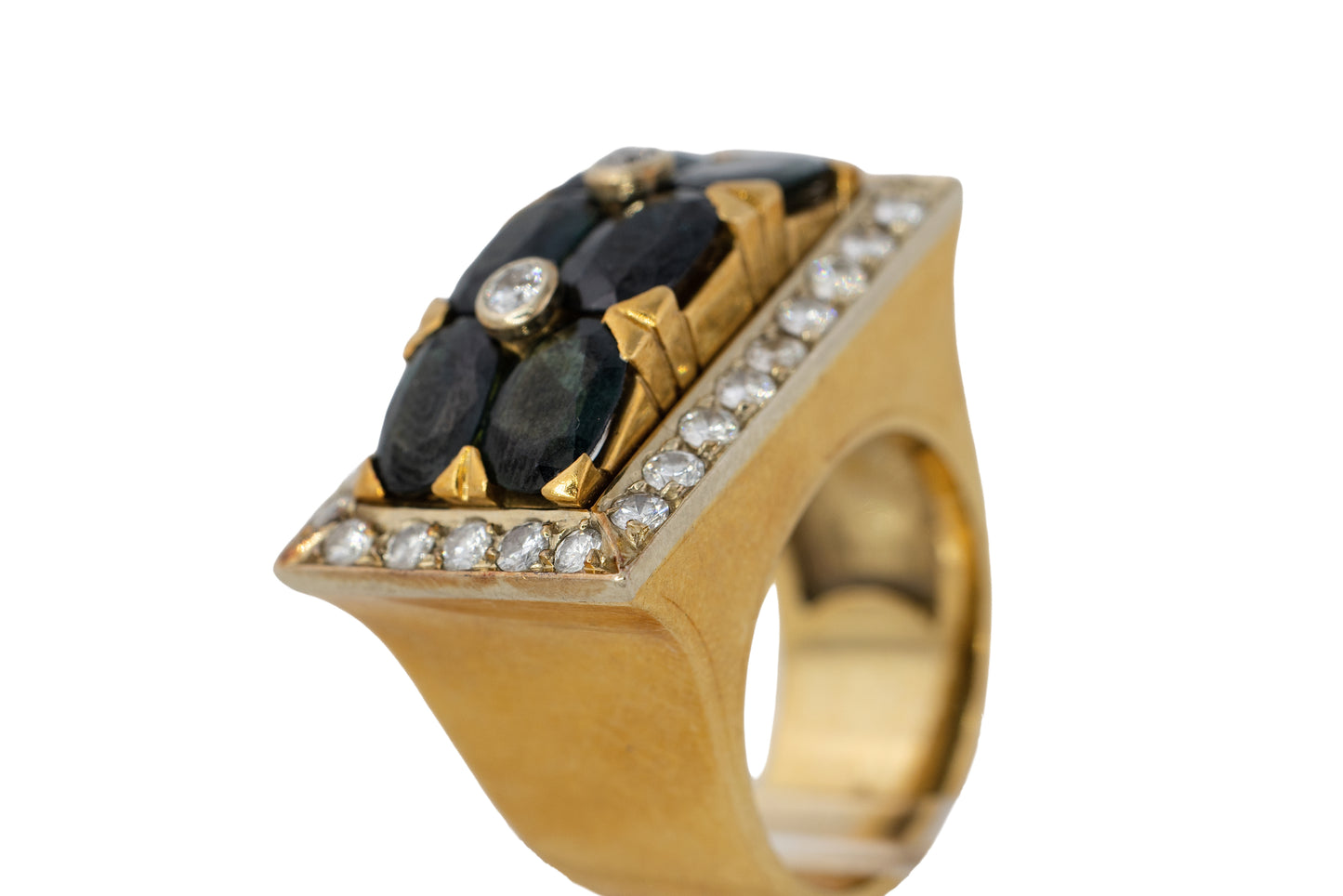 Rectangular Sapphire and Diamond Two Row Cluster Ring