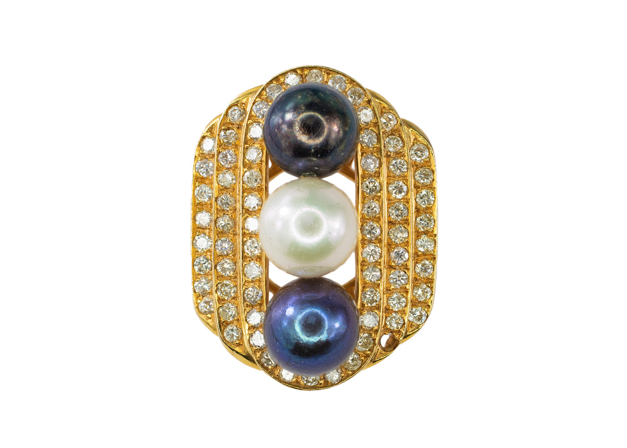 Yellow Gold Three-Pearl and Diamond Multi-Row Cocktail Ring