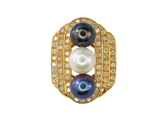 Yellow Gold Three-Pearl and Diamond Multi-Row Cocktail Ring