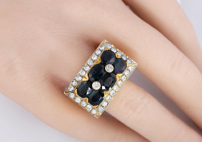 Rectangular Sapphire and Diamond Two Row Cluster Ring