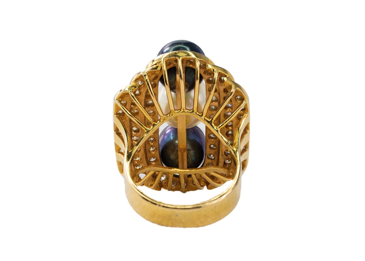 Yellow Gold Three-Pearl and Diamond Multi-Row Cocktail Ring