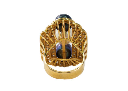 Yellow Gold Three-Pearl and Diamond Multi-Row Cocktail Ring
