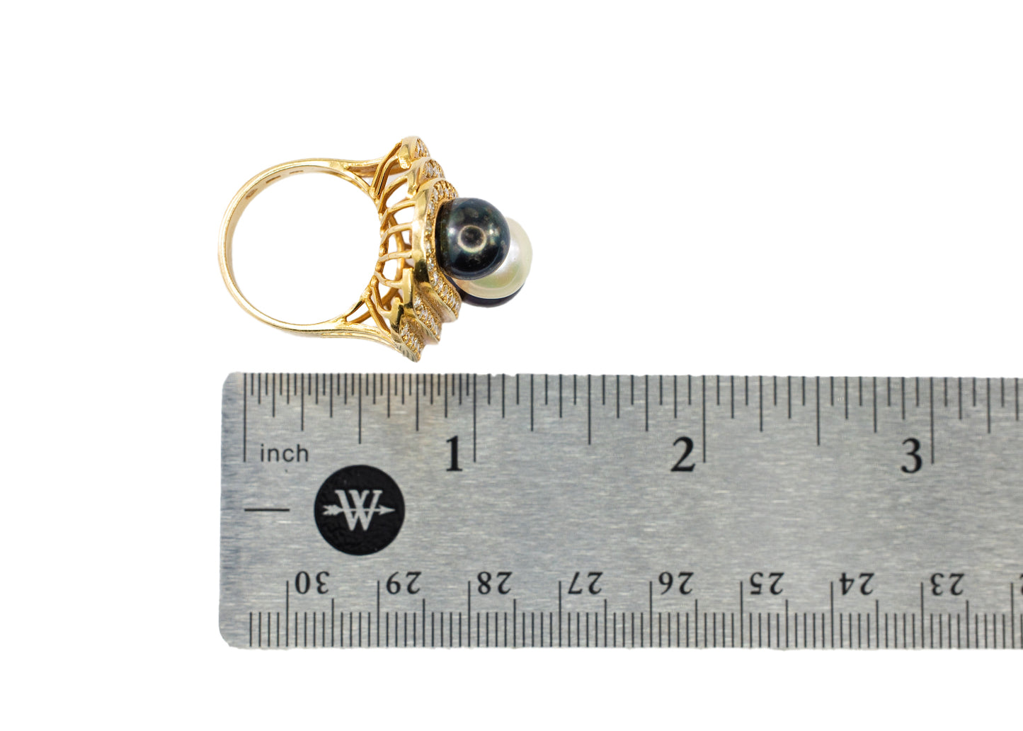 Yellow Gold Three-Pearl and Diamond Multi-Row Cocktail Ring