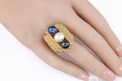 Yellow Gold Three-Pearl and Diamond Multi-Row Cocktail Ring