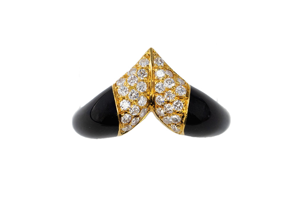 Yellow Gold Diamond Pavé Chevron and Black Enamel Cocktail Ring