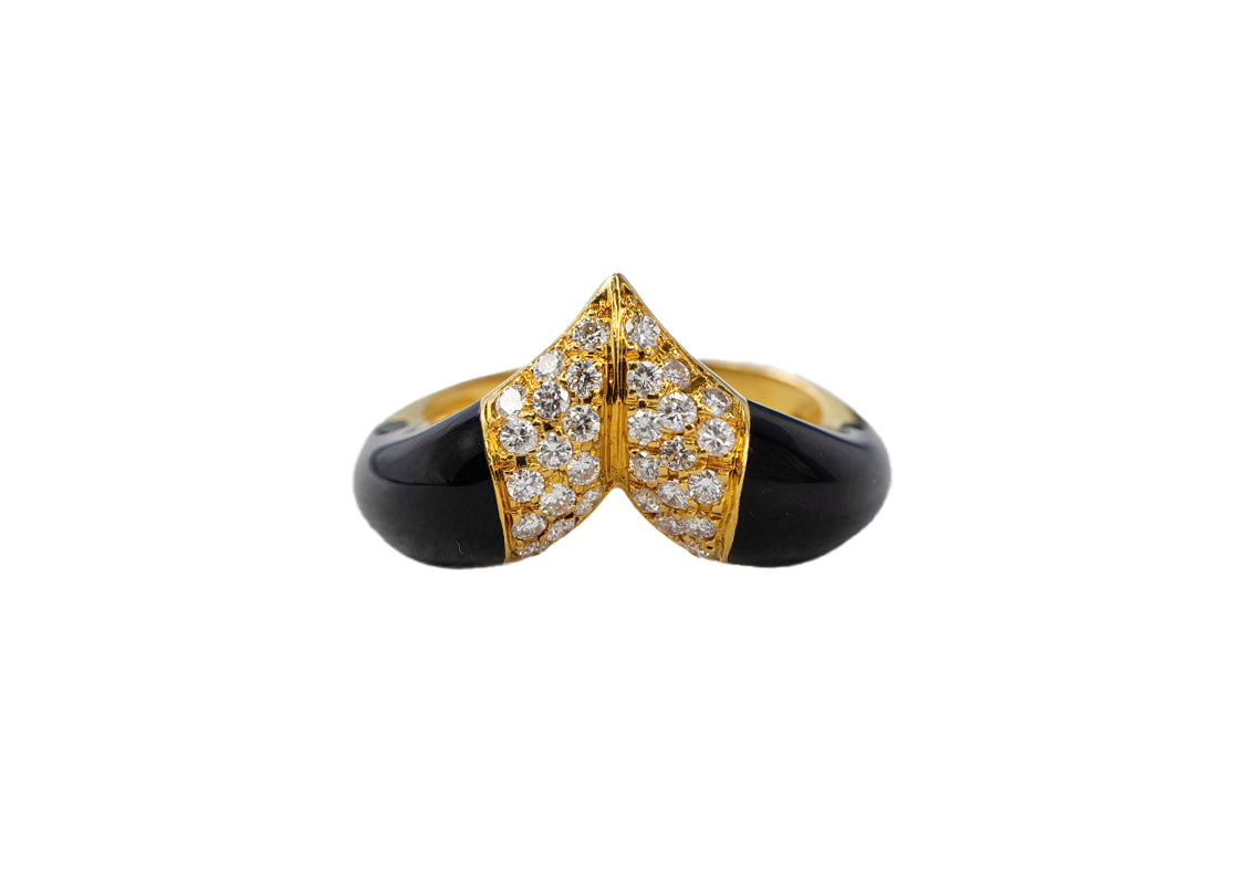 Yellow Gold Diamond Pavé Chevron and Black Enamel Cocktail Ring