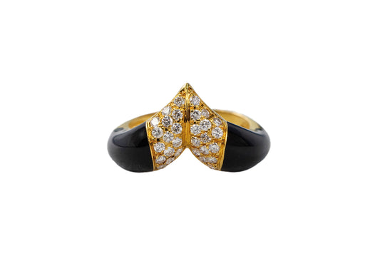 Yellow Gold Diamond Pavé Chevron and Black Enamel Cocktail Ring