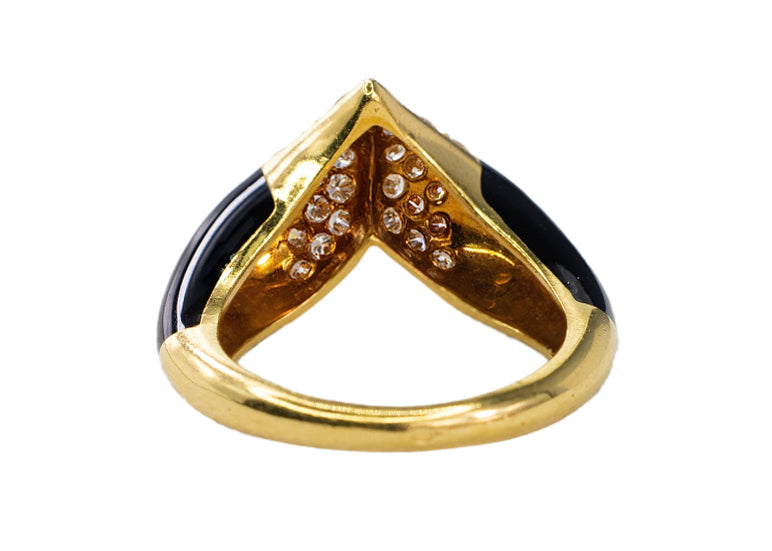 Yellow Gold Diamond Pavé Chevron and Black Enamel Cocktail Ring