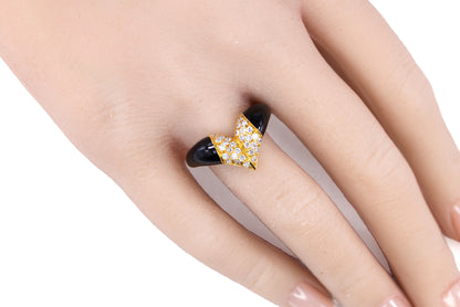 Yellow Gold Diamond Pavé Chevron and Black Enamel Cocktail Ring