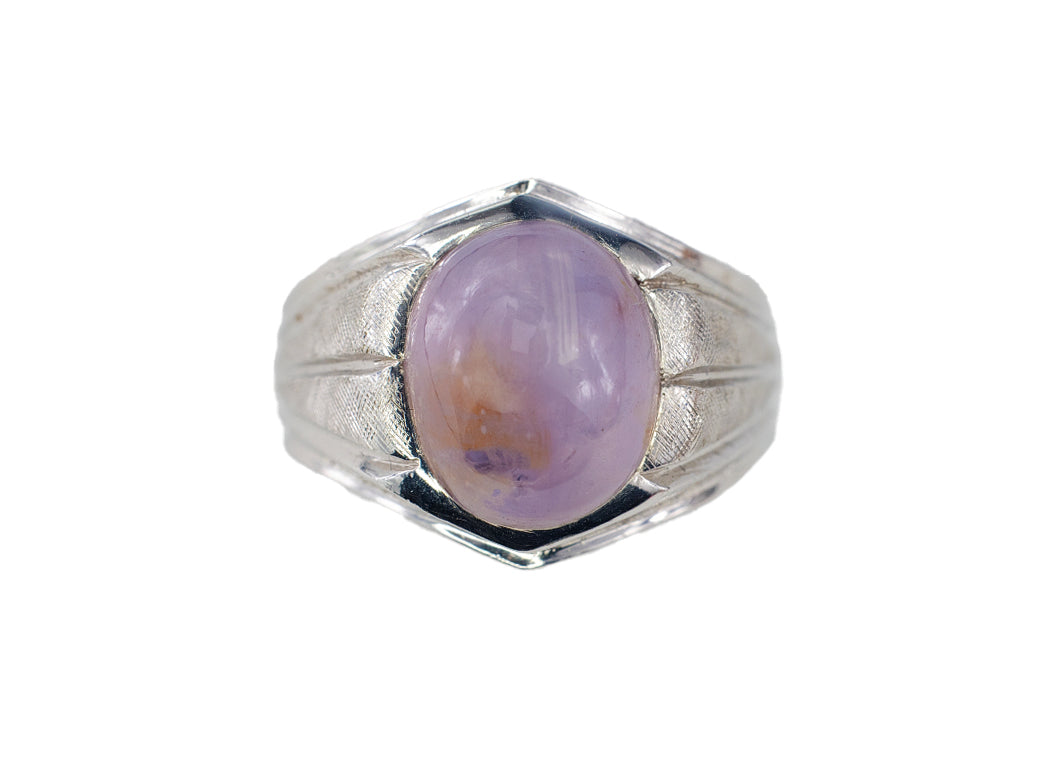 White Gold Oval Pink Star Sapphire Textured Solitaire Ring