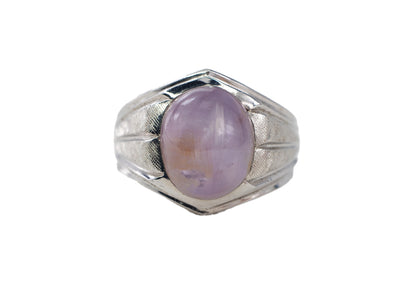 White Gold Oval Pink Star Sapphire Textured Solitaire Ring