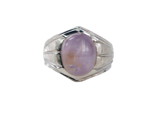 White Gold Oval Pink Star Sapphire Textured Solitaire Ring
