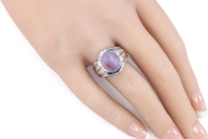 White Gold Oval Pink Star Sapphire Textured Solitaire Ring