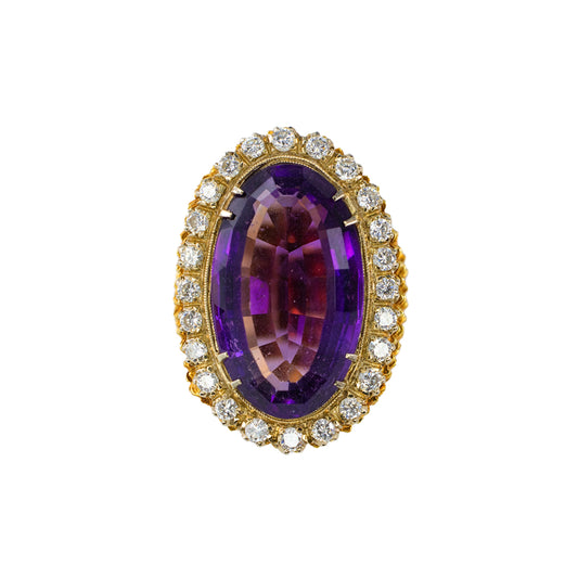 Yellow Gold Oval Amethyst and Diamond Scalloped Halo Statement Ring