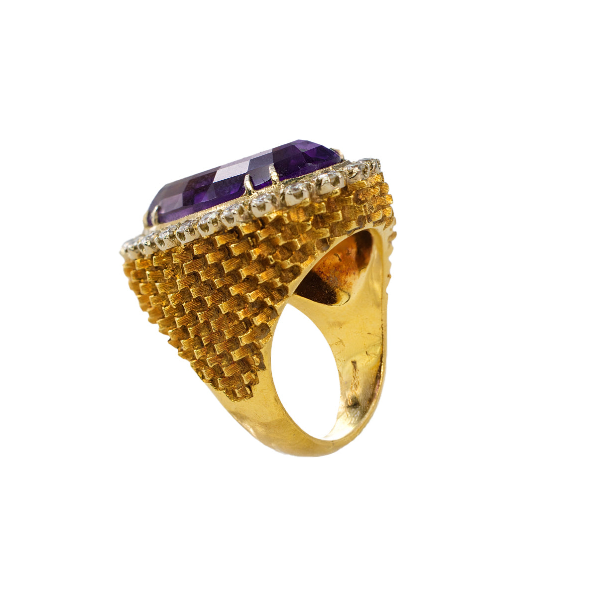 Yellow Gold Oval Amethyst and Diamond Scalloped Halo Statement Ring