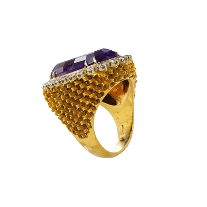 Yellow Gold Oval Amethyst and Diamond Scalloped Halo Statement Ring