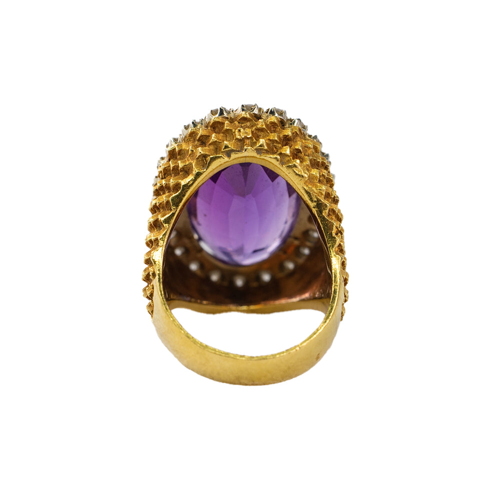 Yellow Gold Oval Amethyst and Diamond Scalloped Halo Statement Ring