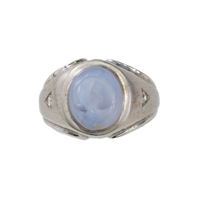 White Gold Oval Blue Star Sapphire and Diamond Brushed Signet Ring