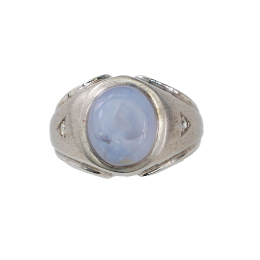 White Gold Oval Blue Star Sapphire and Diamond Brushed Signet Ring