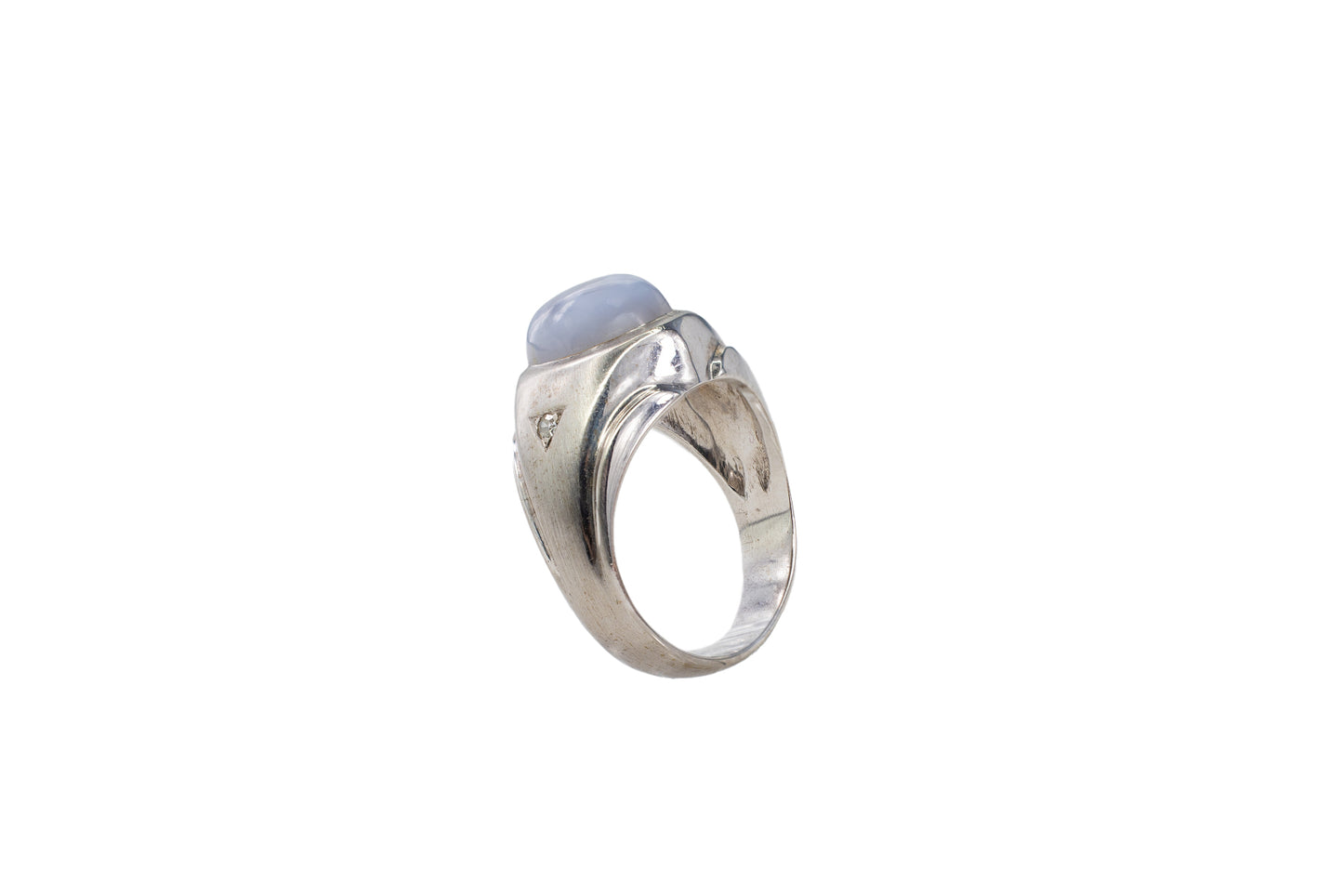 White Gold Oval Blue Star Sapphire and Diamond Brushed Signet Ring