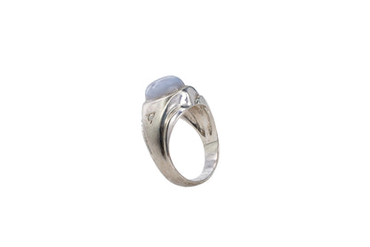 White Gold Oval Blue Star Sapphire and Diamond Brushed Signet Ring
